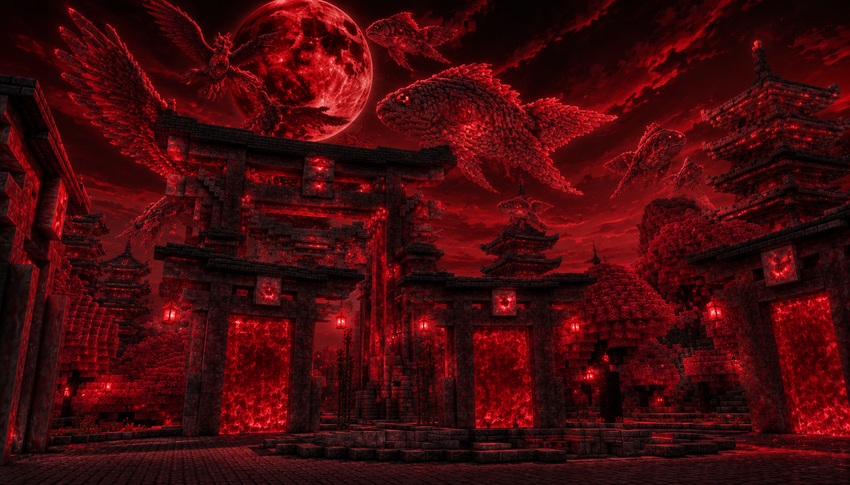 HorrorNight spawn beneath a blood-red Minecraft sky